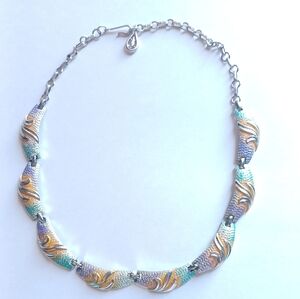 Coro Midcentury Handpainted Silver Tone Choker Collar Necklace Signed